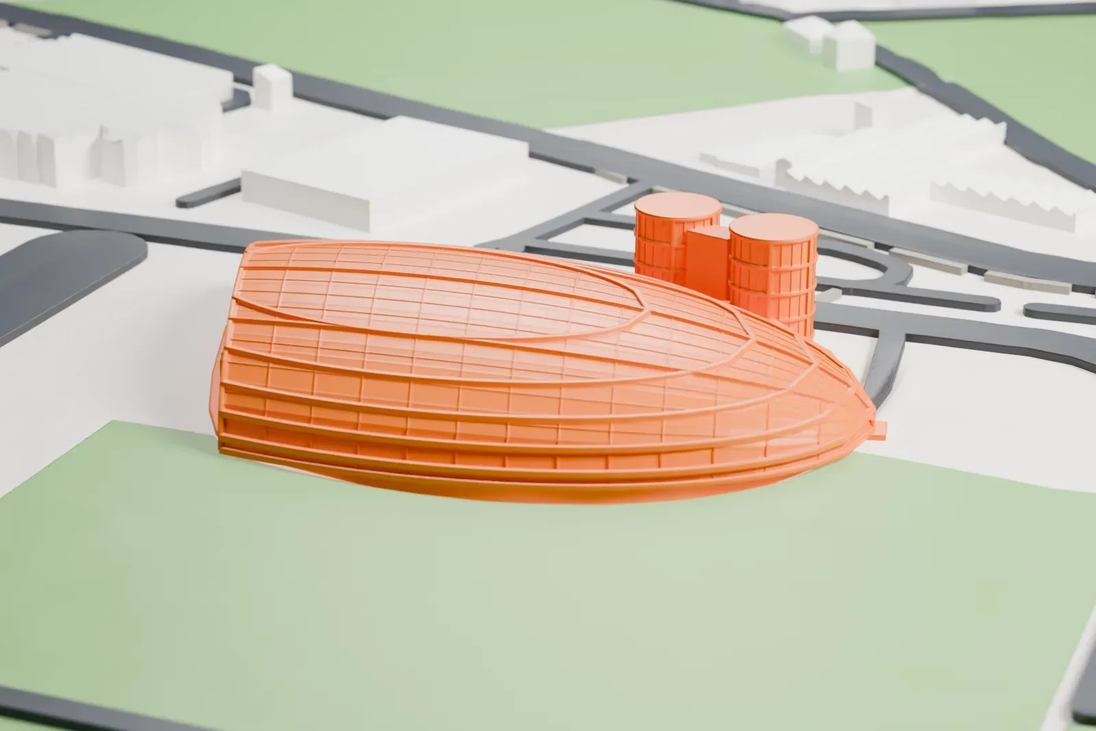 A white 3D print of Hangar-7, a smooth airfoil-shaped dome covered in a fine grid with two round towers beside it, on airport grounds surrounded by grass and roads.
