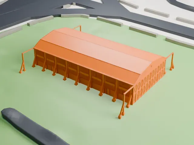 Hangar 9, Brooks Air Force Base model, West view