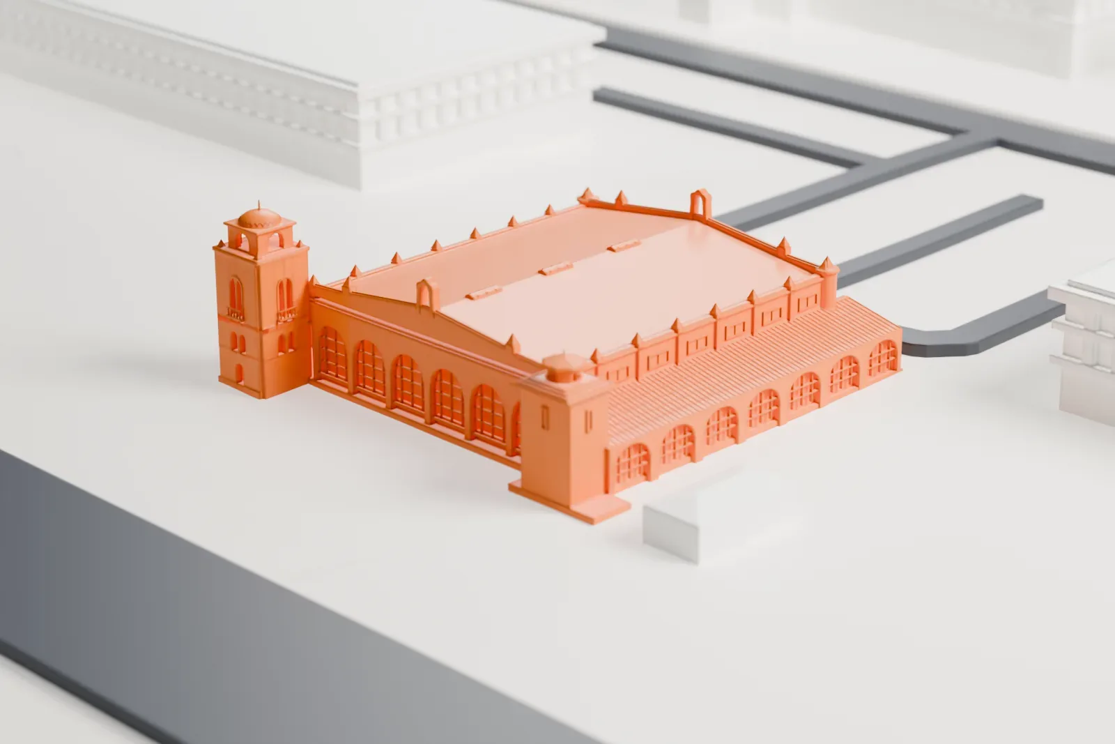 A white 3D print of Hangar One at Los Angeles International Airport with its surroundings.