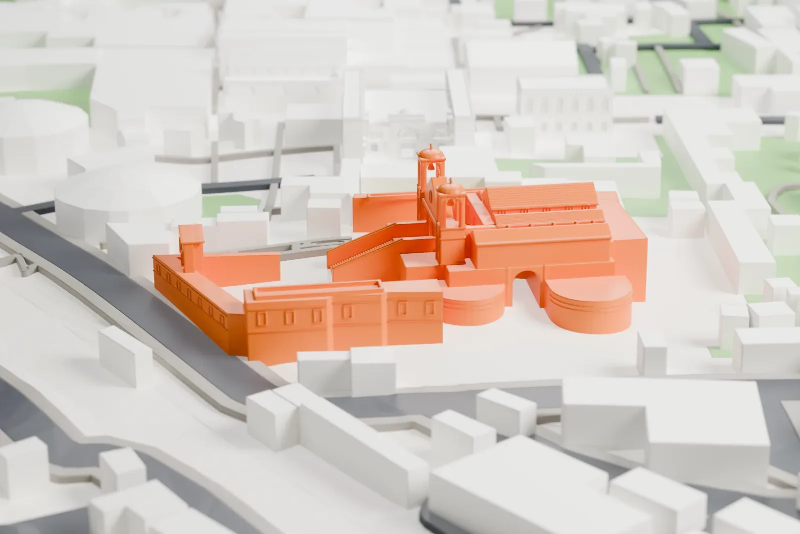 A white 3D print of the Hanging Church, with the surrounding streets and buildings of Coptic Cairo around it.