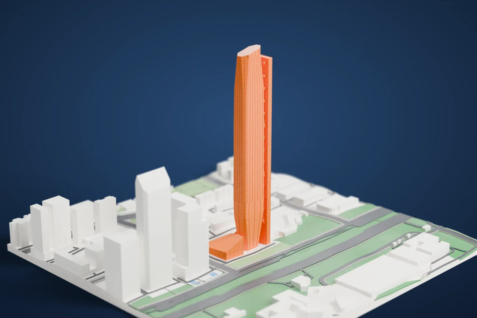 A white 3D print of Hanking Center rising above the surrounding streets and buildings.