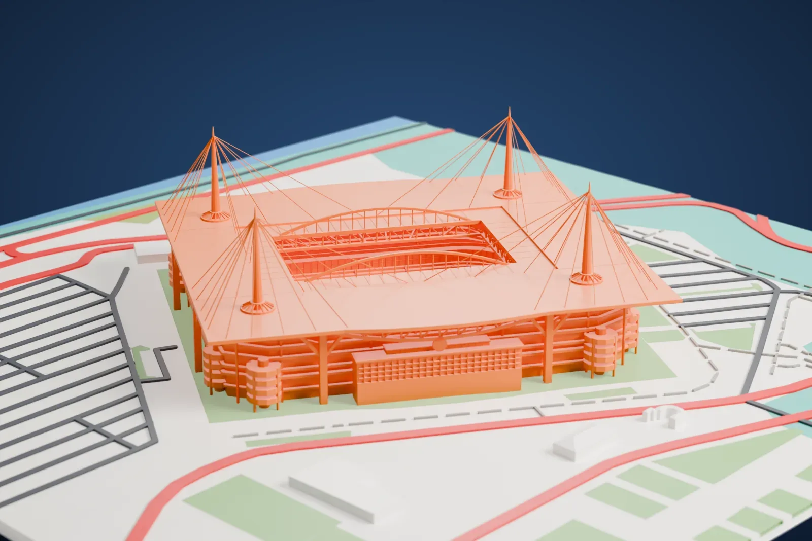 A white 3D print of Hard Rock Stadium, its flat canopy held on four needle masts above the bowl, among the surrounding streets and buildings.