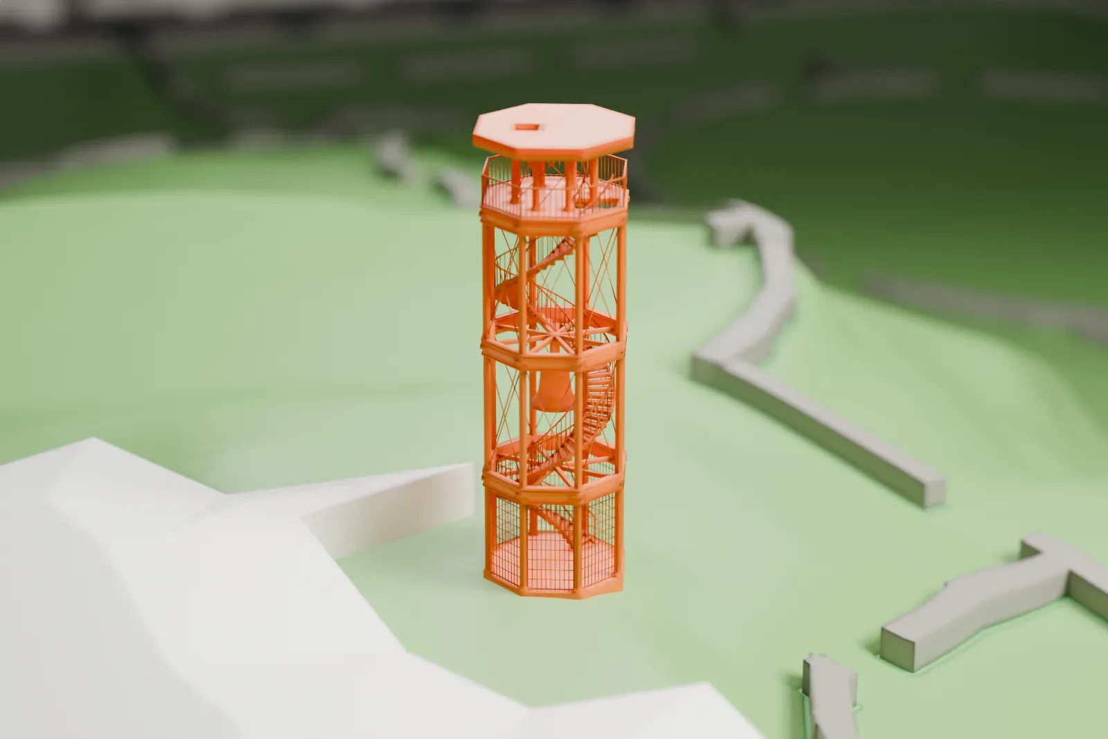 A white 3D print of the Harlem Fire Watchtower, an open octagonal iron tower with stairs and a bell, standing on grassy ground with paths nearby.
