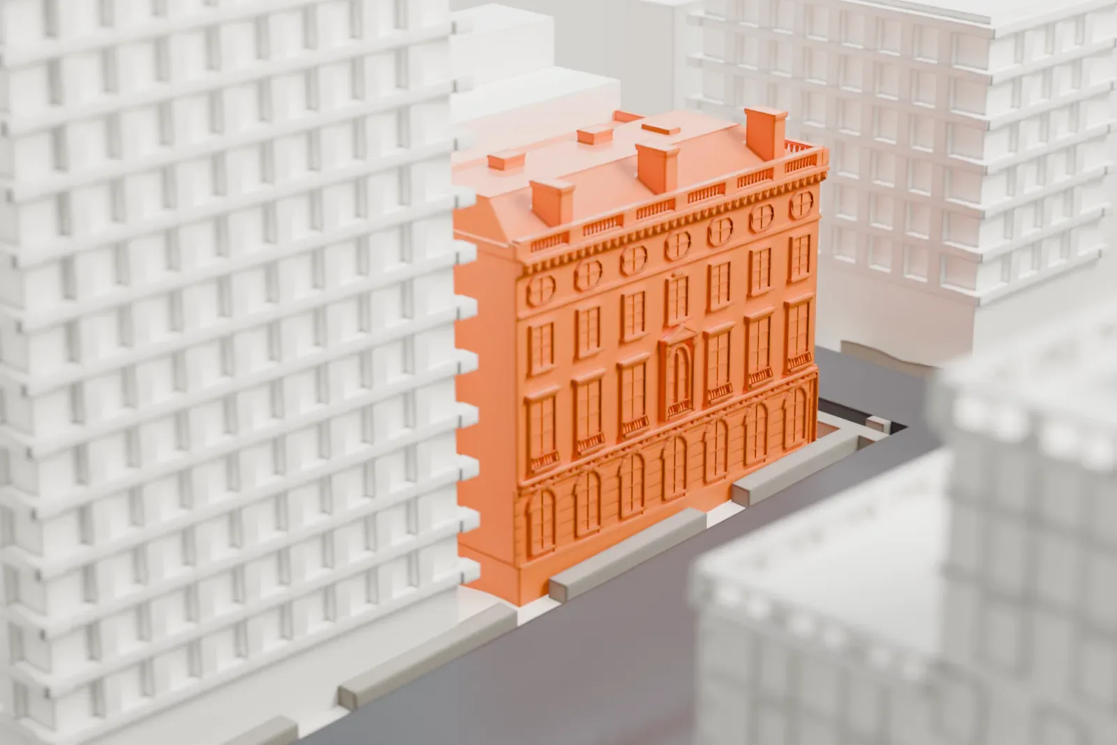 A white 3D print of the Harold Pratt House, a mansion with a decorated cornice and tall windows, standing on a street corner among much taller buildings.