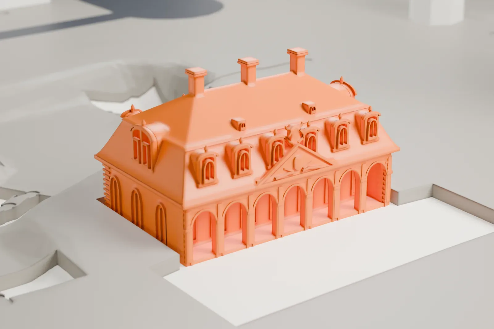 A white 3D print of the Hauptwache, a small Baroque guardhouse, among the surrounding streets and buildings of central Frankfurt.