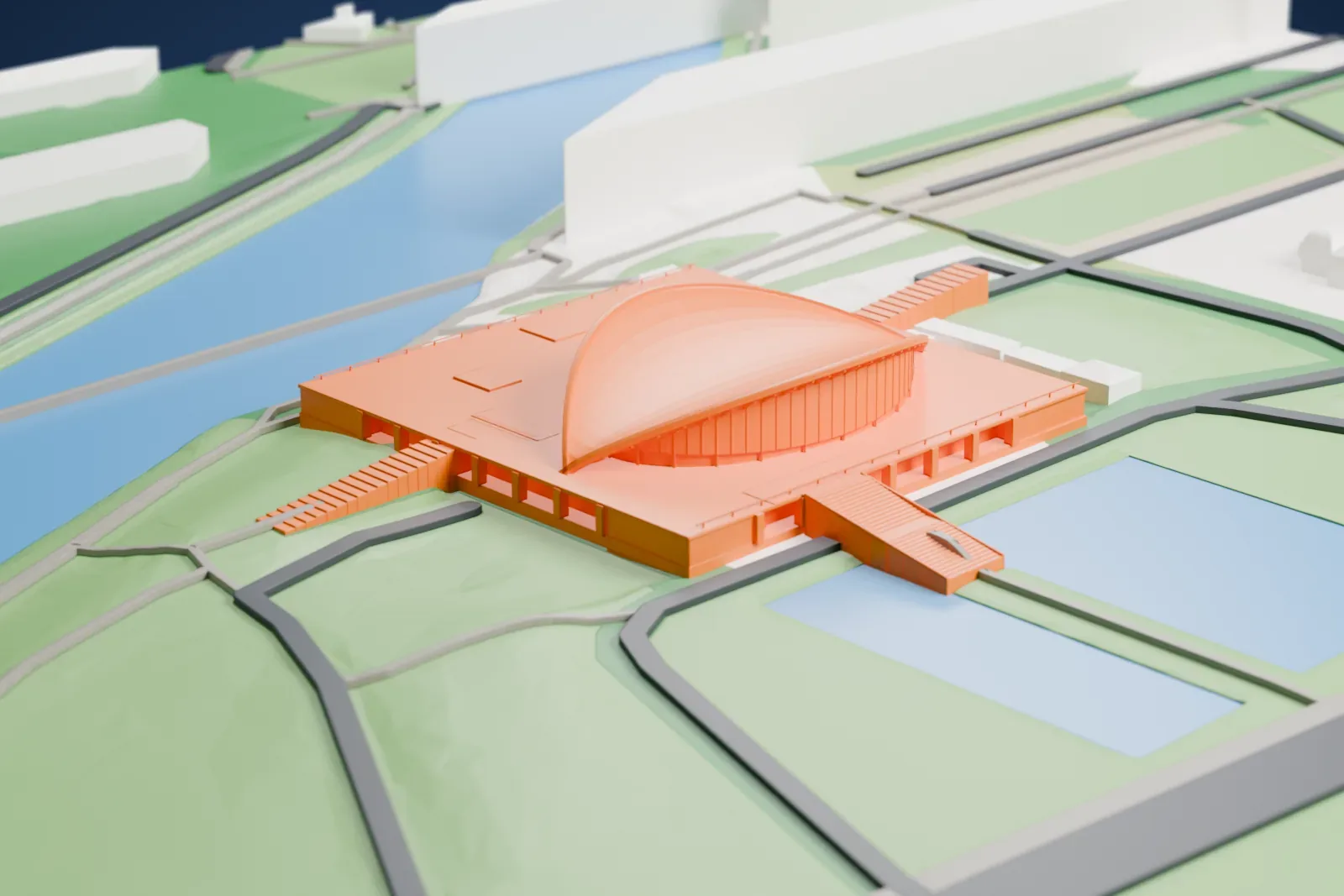 A white 3D print of the Haus der Kulturen der Welt in the Tiergarten park in Berlin, with surrounding park and buildings.