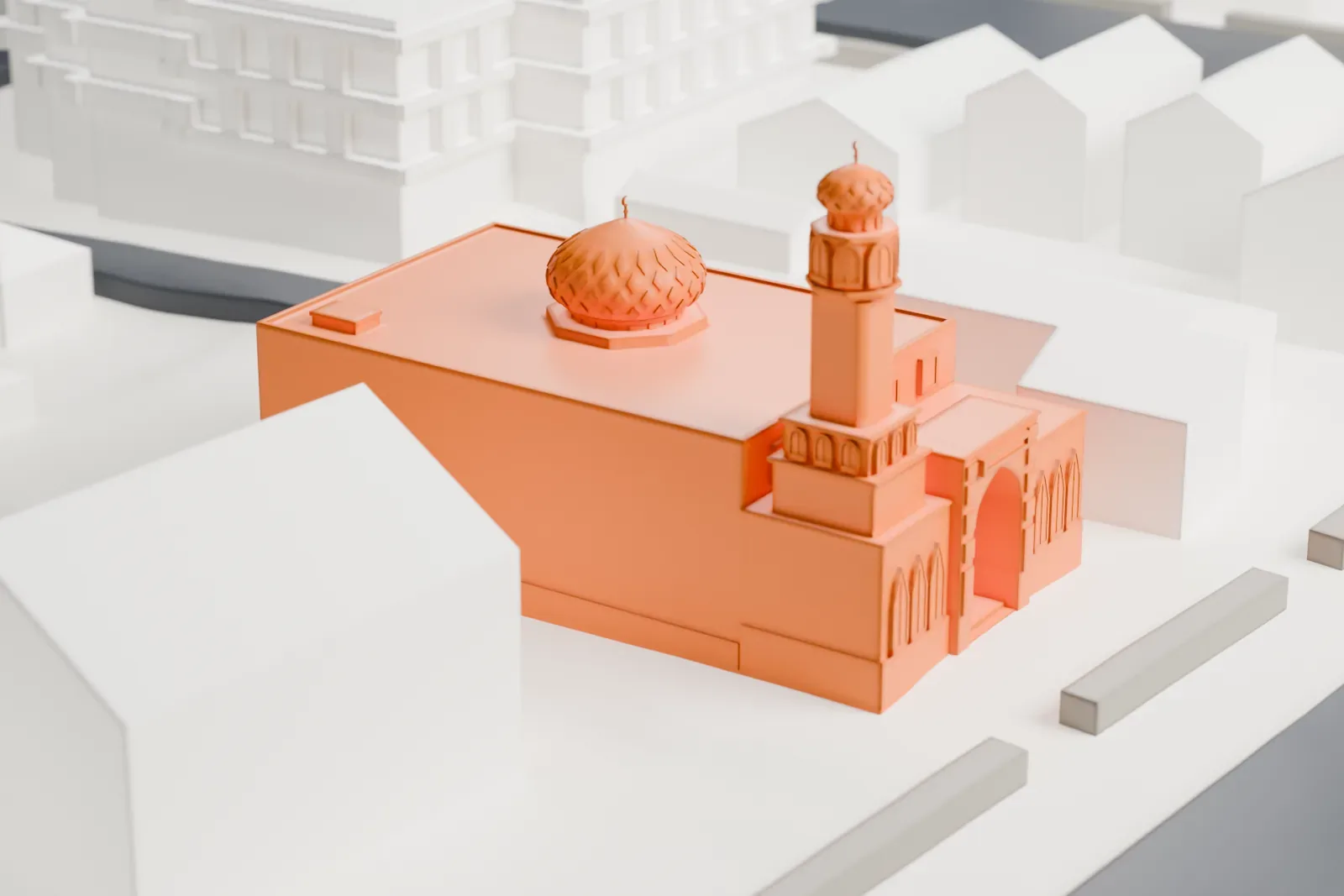 A white 3D print of the Hazrati Abu Bakr Siddique Mosque, a boxy building with a ribbed dome and a slender minaret, among low houses and streets.