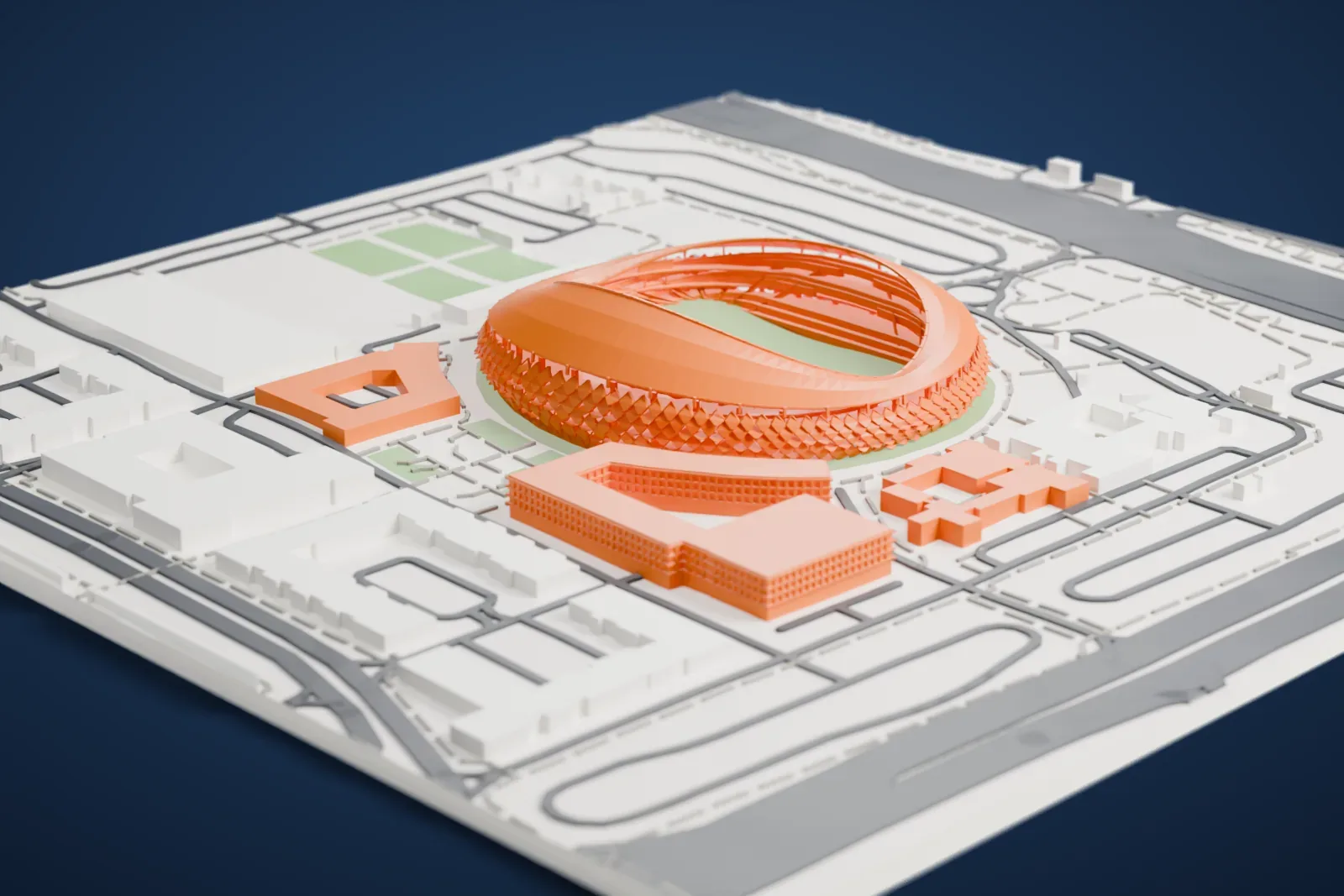 A white 3D print of Hazza bin Zayed Stadium, an oval bowl with a diamond-patterned outer wall and a sweeping roof ring, surrounded by roads and low buildings.