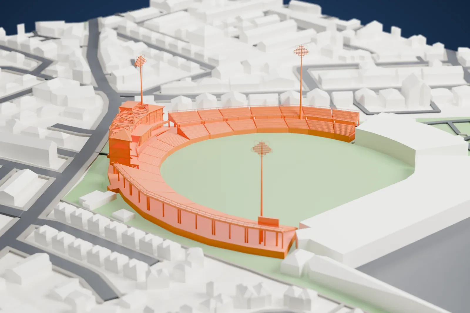 A white 3D print of Headingley Cricket Ground, with an open stand, a pavilion roof and rose floodlight masts, among surrounding streets and buildings.