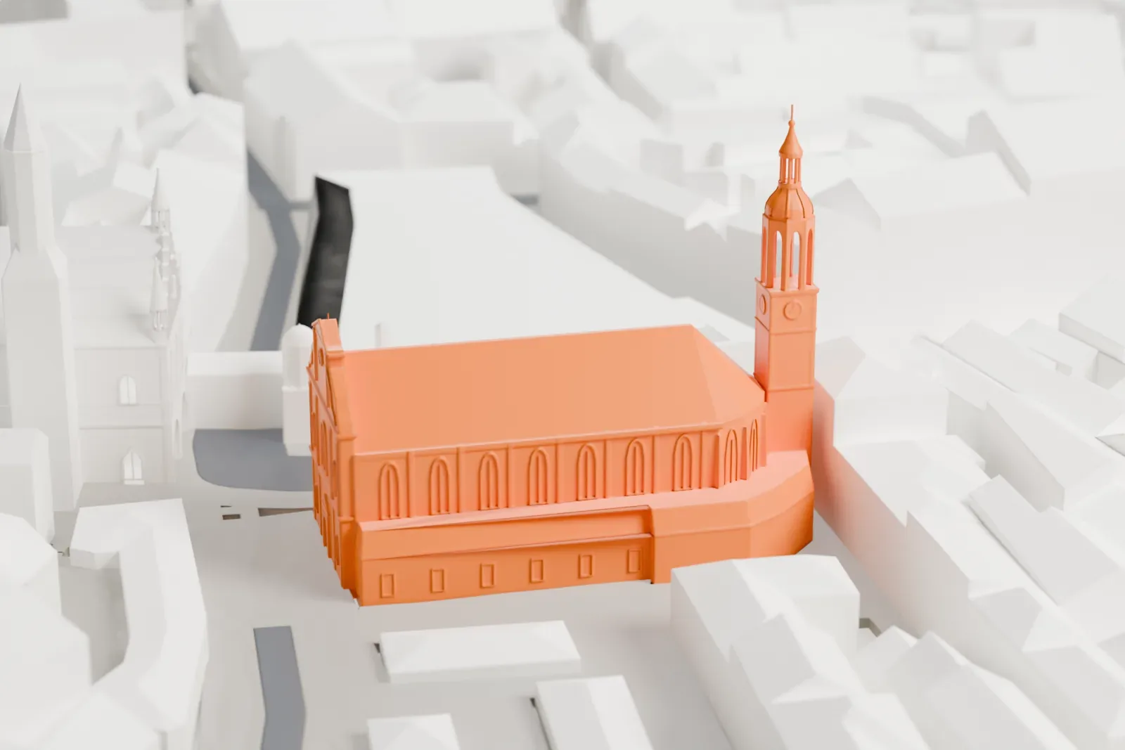 A white 3D print of Heilig-Geist-Kirche with the surrounding streets and buildings.