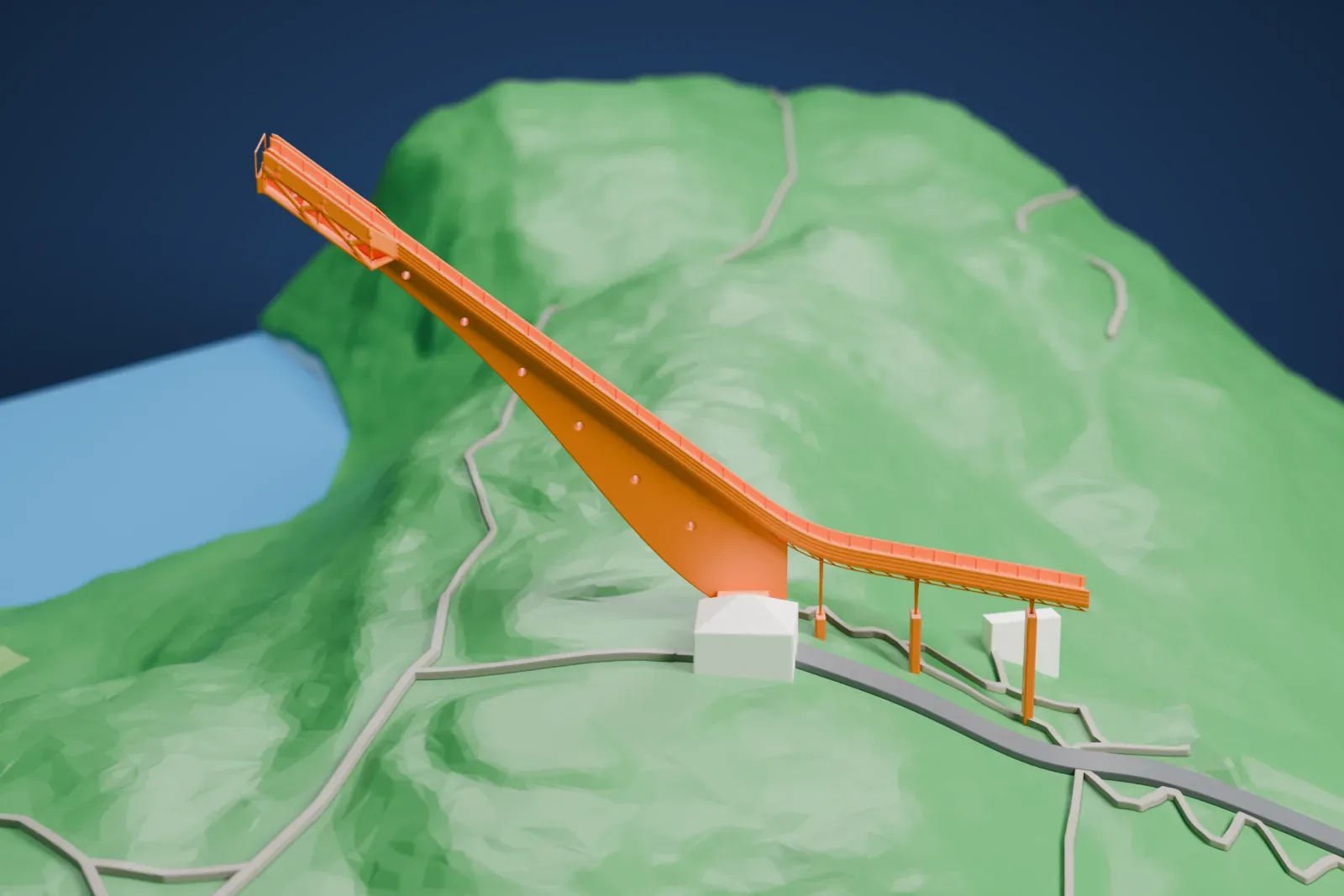 A white 3D print of the Heini-Klopfer-Skiflugschanze, a long, slim ski flying ramp on a steep mountain slope.
