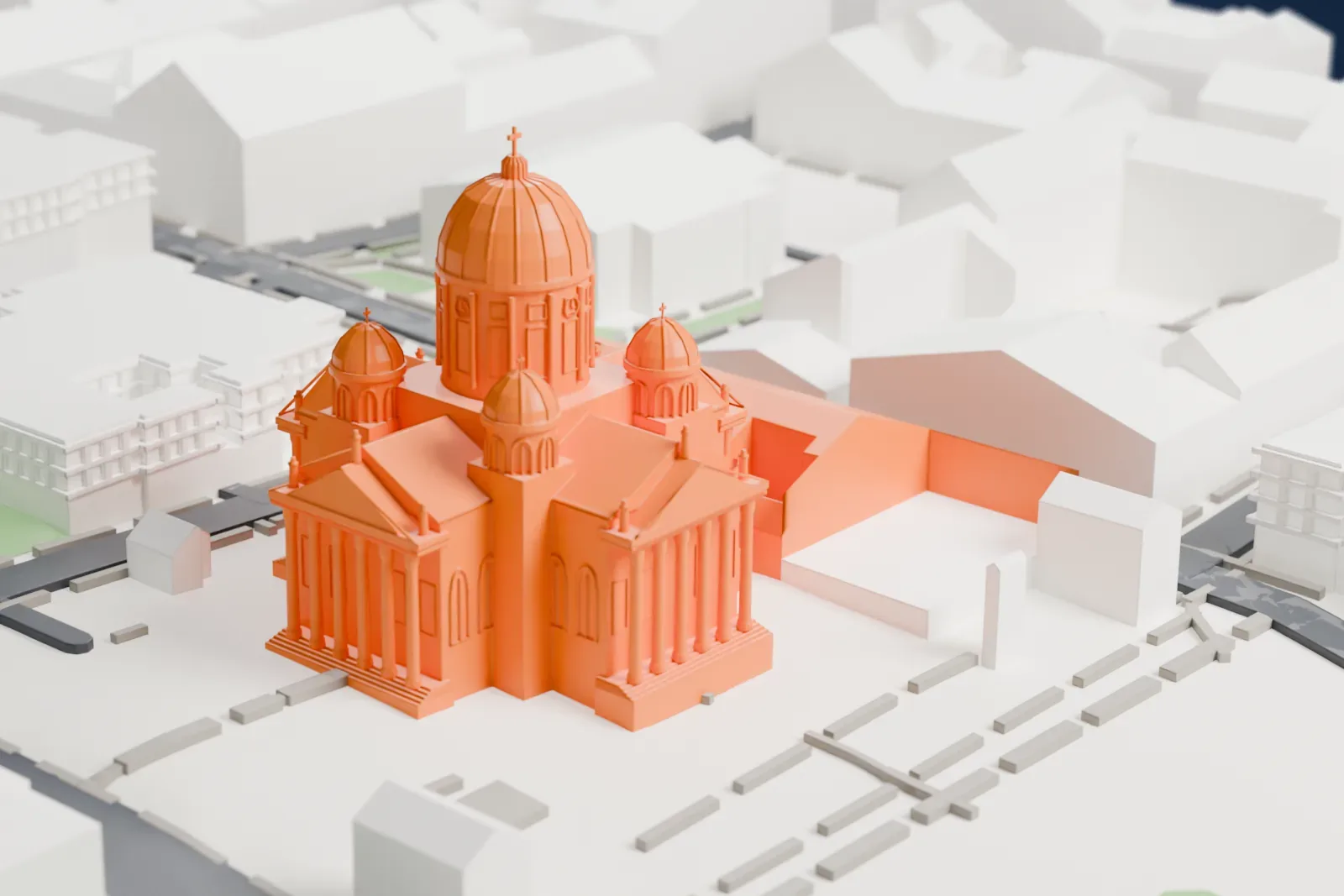 A white 3D print of Helsinki Cathedral, with a central dome, four smaller domes and a columned pediment on the front, standing in an open square among city blocks.