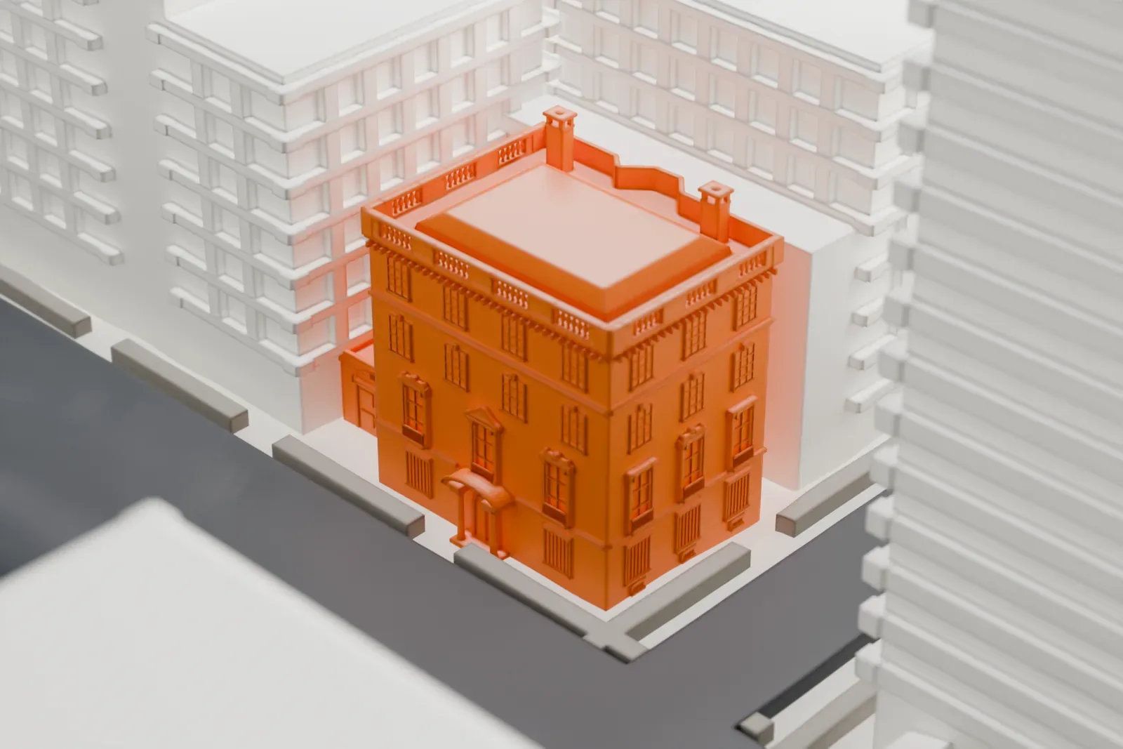 A white 3D print of the Henry P. Davison House, a mansion hidden among the tall buildings of a dense city block.