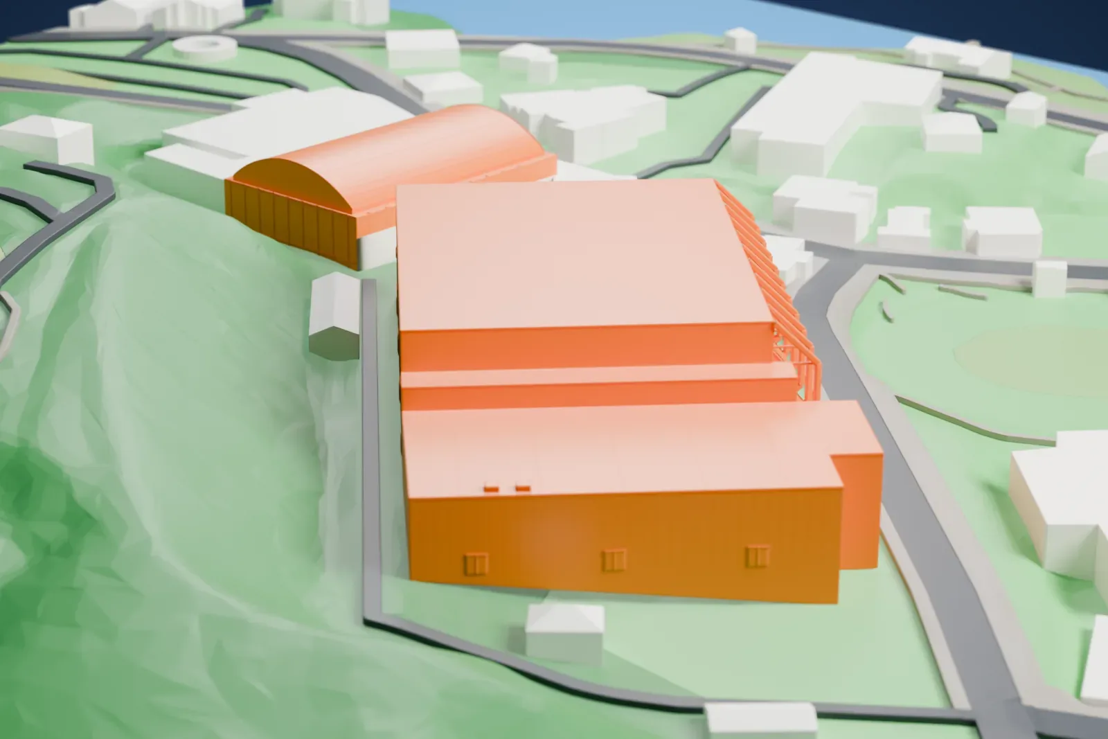 A white 3D print of Herb Brooks Arena, with its exposed steel frame, flat main roof and lower rink roofs, among surrounding buildings.