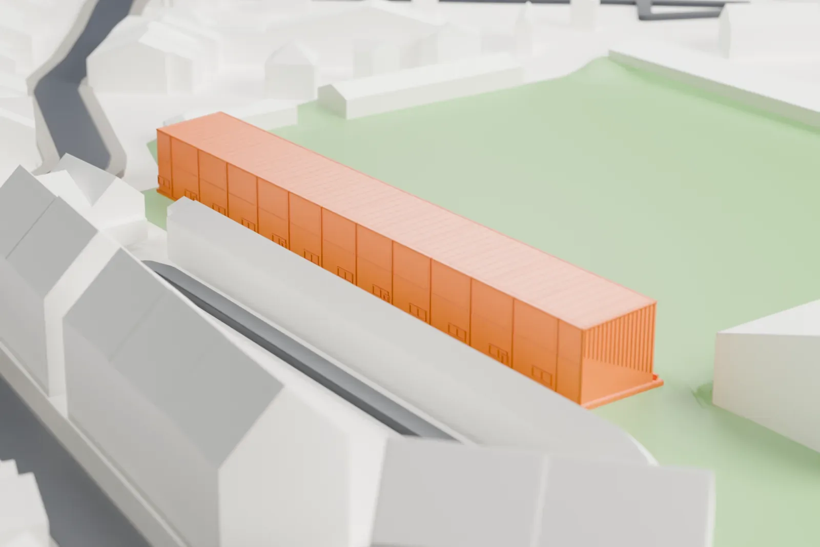 A white 3D print of Herman Vanderpoortenstadion, a long roofed grandstand beside a green pitch, among surrounding streets and buildings.