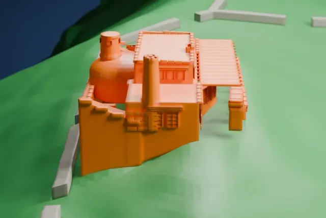 A white 3D print of the Hermit's Rest building with low roofs, raised chimneys and a columned porch, surrounded by low walls and open ground beside a road.