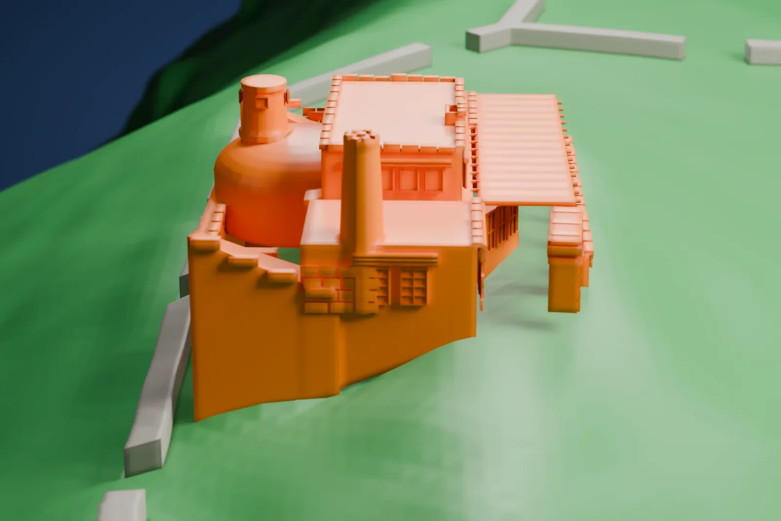 A white 3D print of the Hermit's Rest building with low roofs, raised chimneys and a columned porch, surrounded by low walls and open ground beside a road.