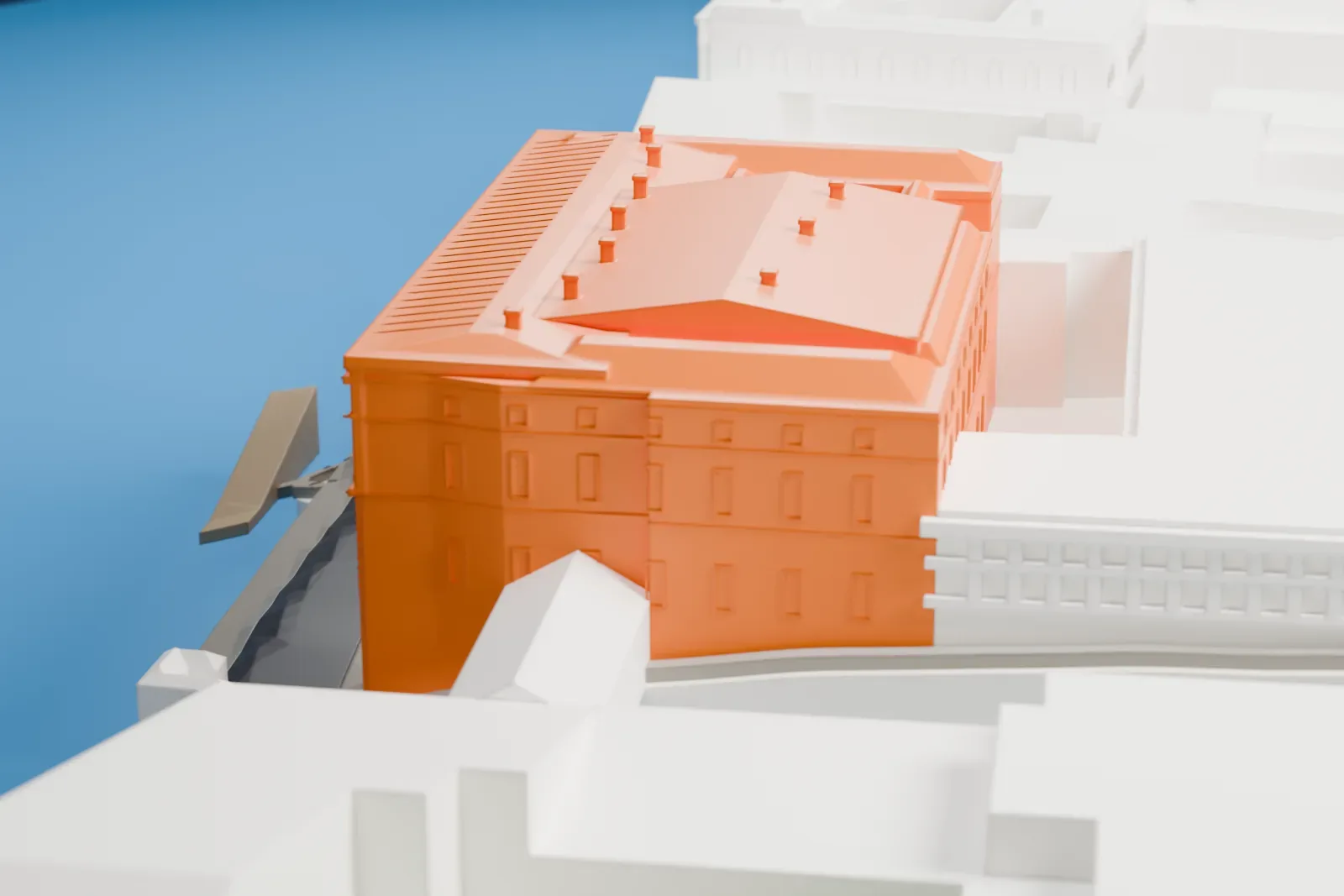A white 3D print of the Hermitage Theatre among the surrounding streets and buildings.