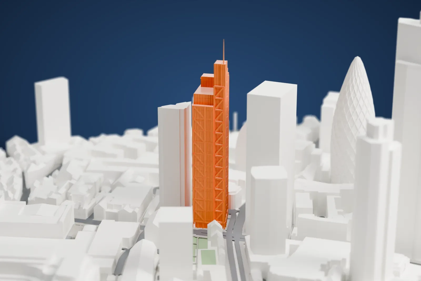 A white 3D print of Heron Tower, a tall tower topped by a mast, standing among the blocks of the City of London.
