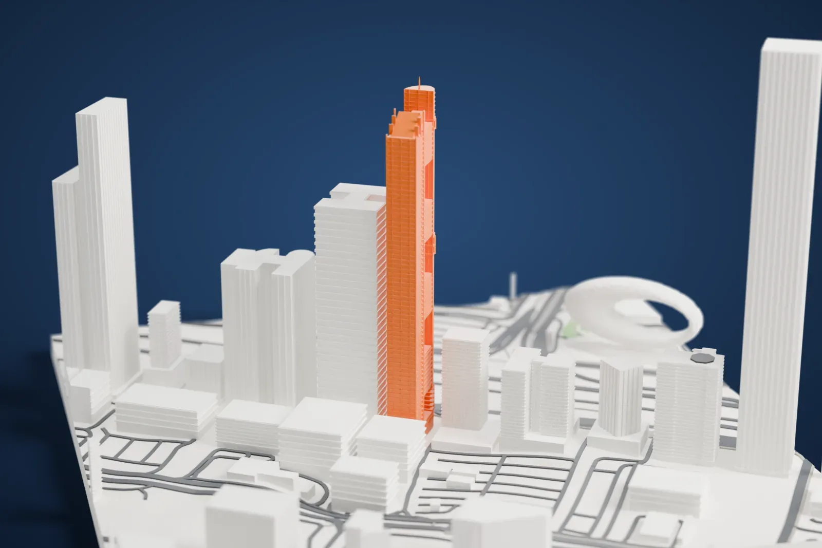 A white 3D print of the HHHR Tower, a supertall residential tower, among surrounding streets and buildings.
