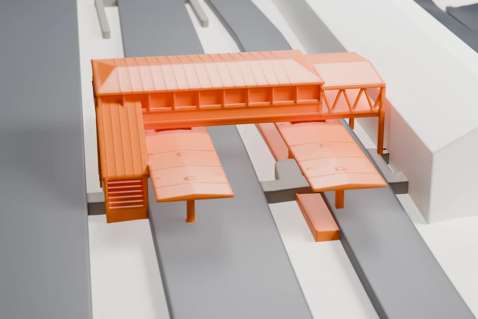 A white 3D print of Higashi-Kanagawa Station, a low, wide station building, among the surrounding streets and buildings of Yokohama.