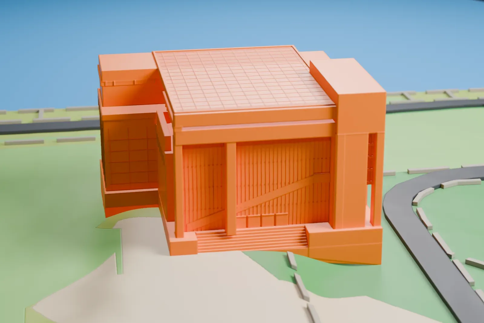 A white 3D print of the High Court of Australia, a large blocky building with a grid-patterned flat roof and a stepped entrance, standing on lawns beside the water.