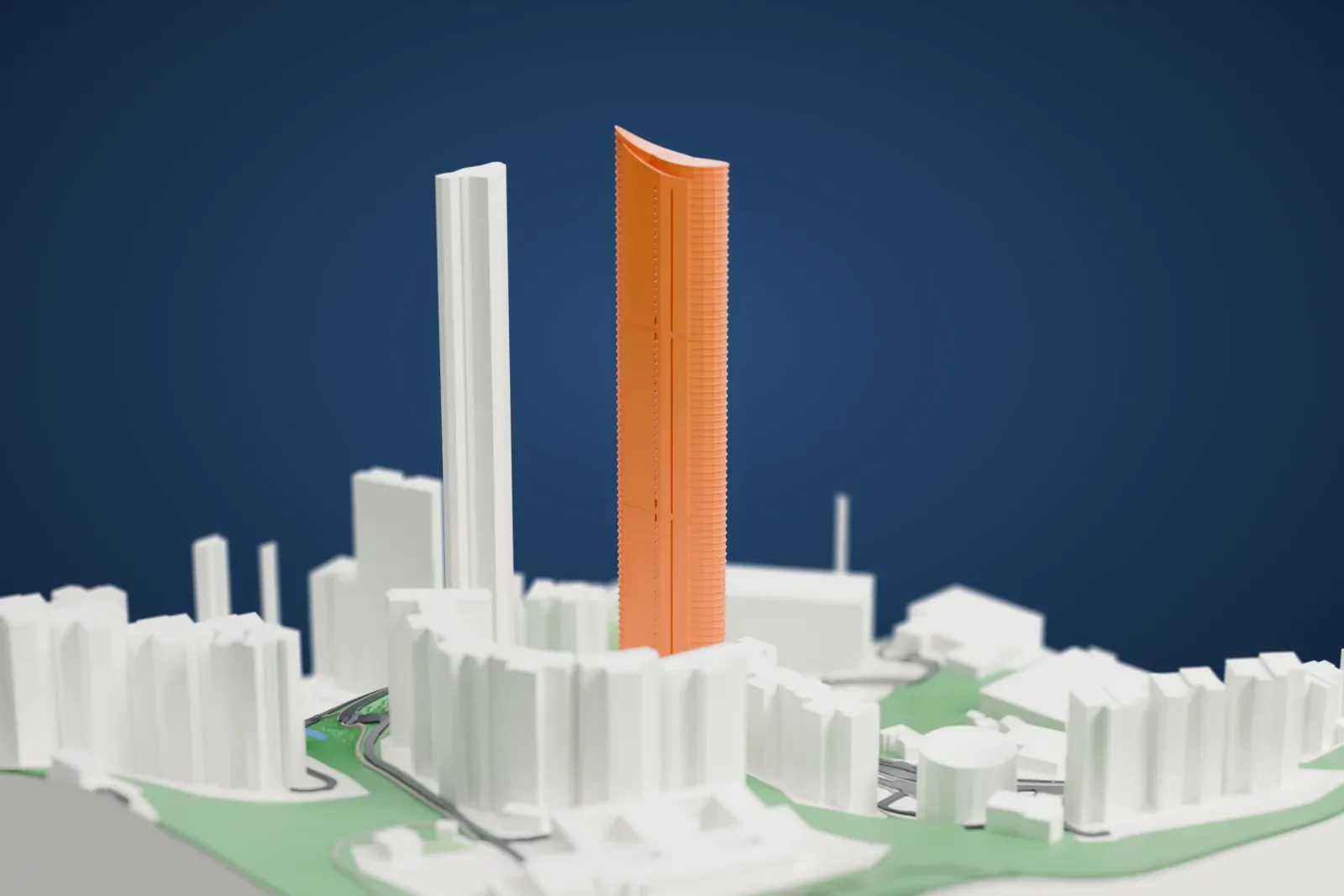 A white 3D print of Highcliff rising above the surrounding buildings of Happy Valley.