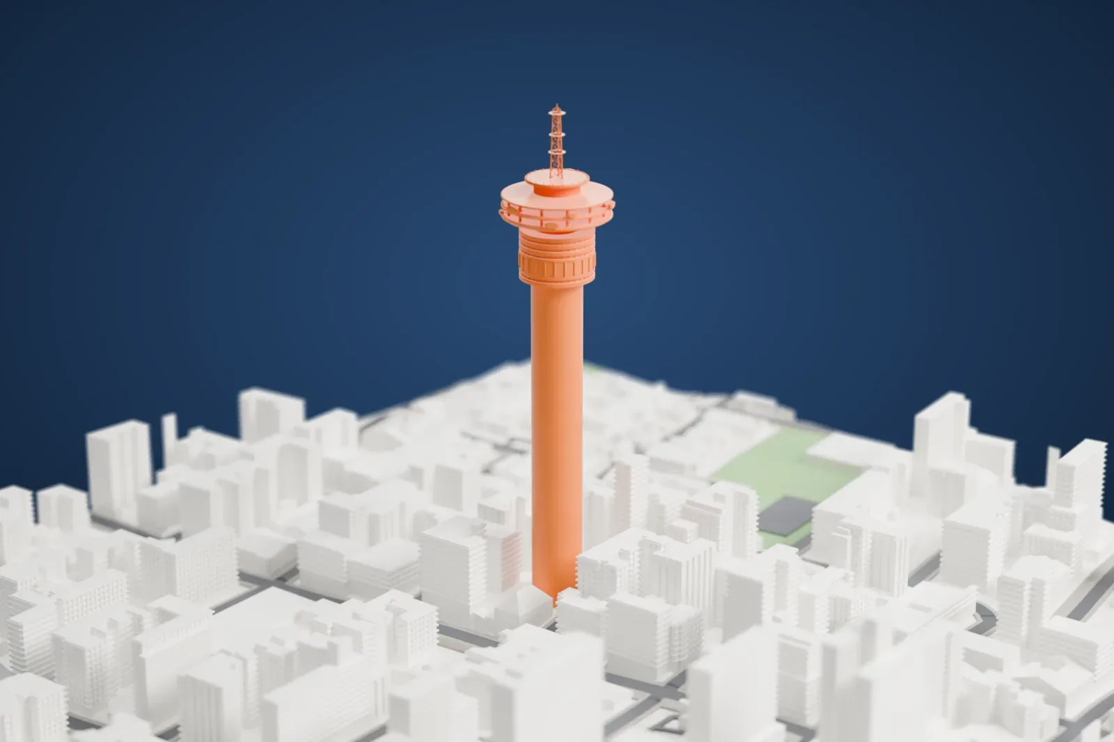 A white 3D print of the Hillbrow Tower, a tall circular tower with a lower pod, three projecting galleries and an open lattice mast, among surrounding city buildings.