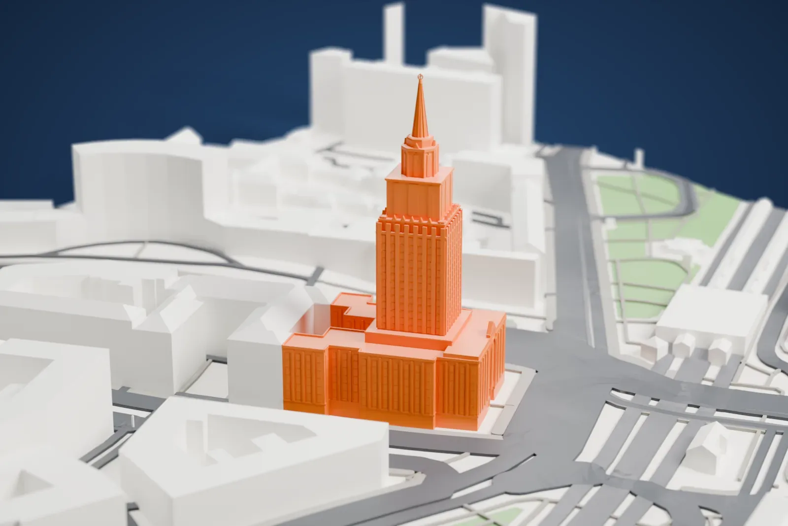 A white 3D print of the Hilton Moscow Leningradskaya among the streets and buildings around Komsomolskaya Square.