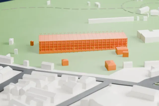 A white 3D print of the Hipódromo Chile Grandstand model in Santiago, with the streets around it.
