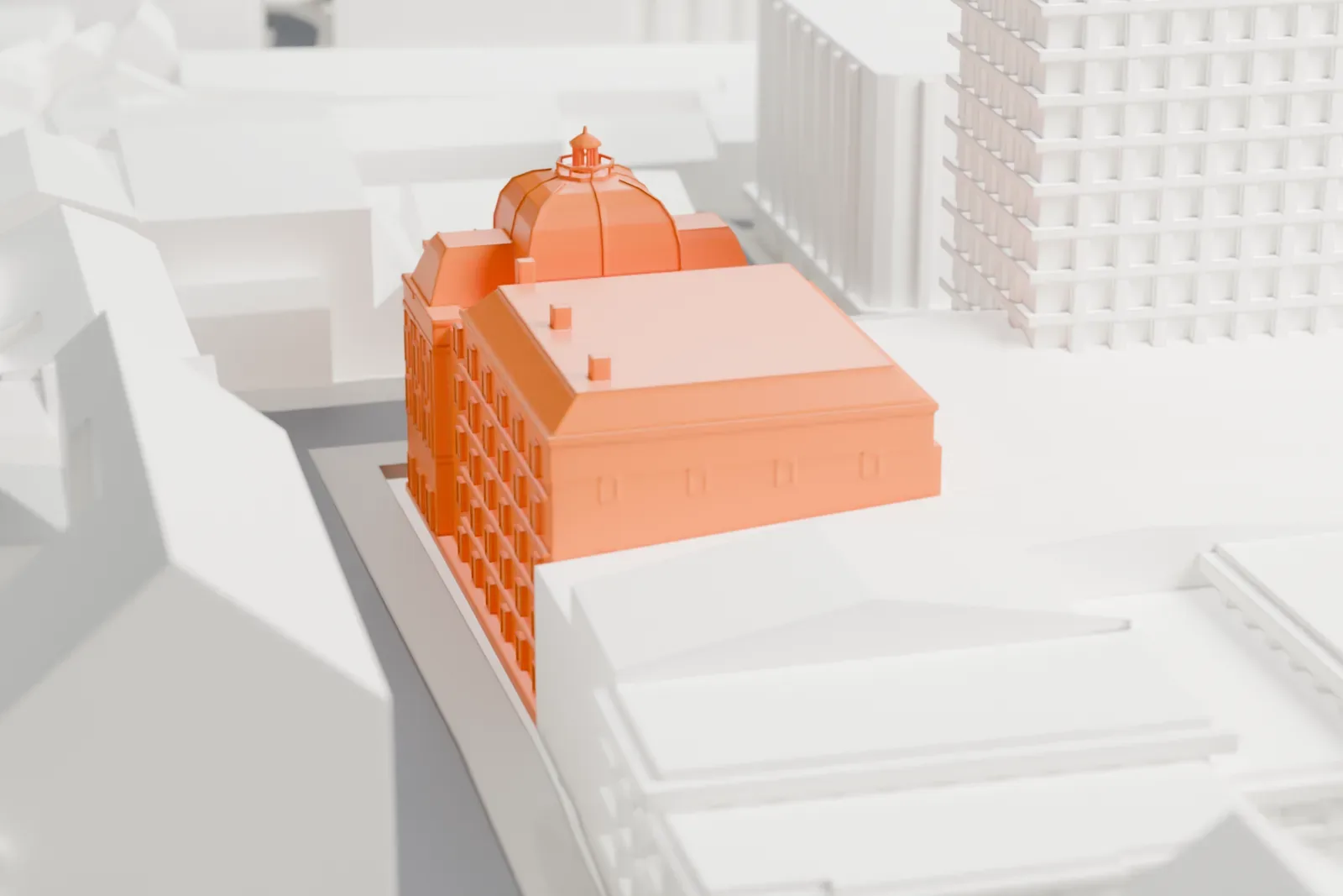 A white 3D print of His Majesty's Theatre, with the surrounding streets and buildings of the West End around it.