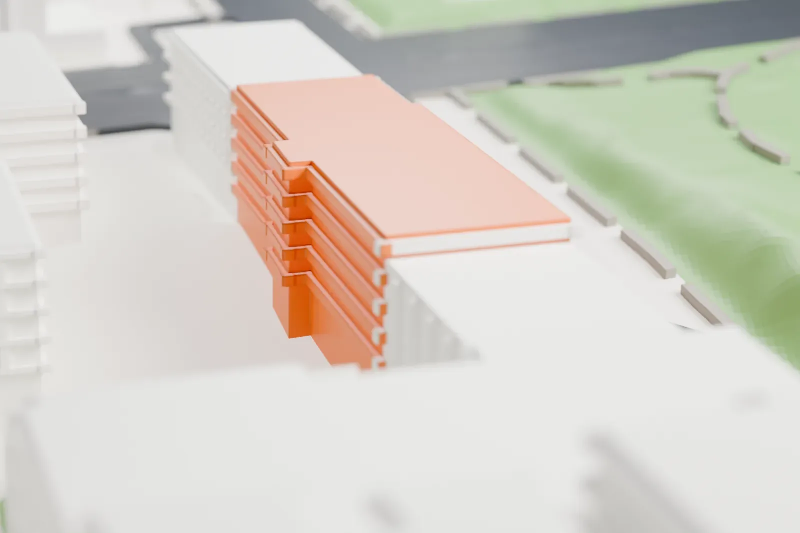 A white 3D print of the Hispanic Society of America, a long Beaux Arts museum building with arched windows and a hipped roof, beside a green slope and city blocks.