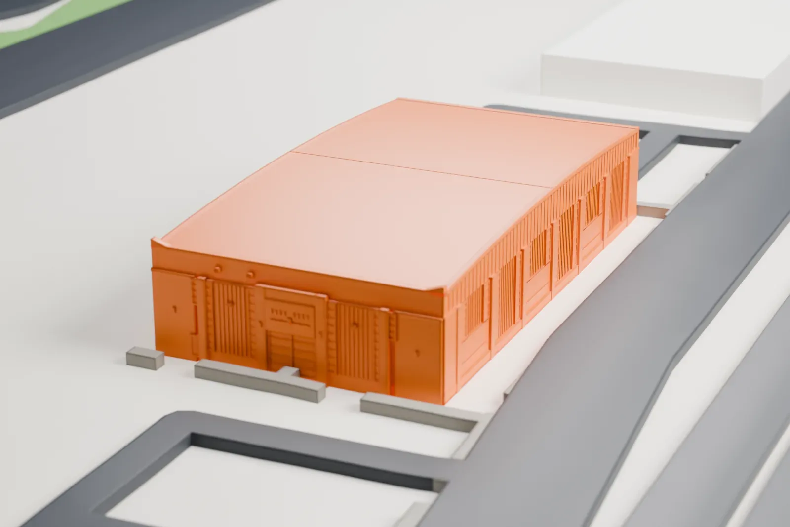 A white 3D print of the Historic Flight Foundation hangar, a wide, low hangar with a gently arched roof, beside paved areas and roads.