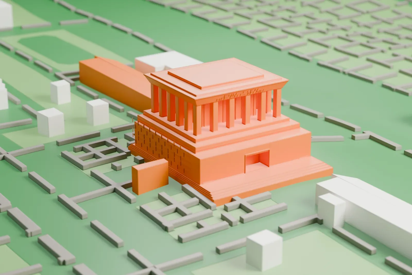 A white 3D print of the Ho Chi Minh Mausoleum, a stepped square building with a colonnade and a wide stepped flat roof, standing among green lawns, paths and a few buildings.