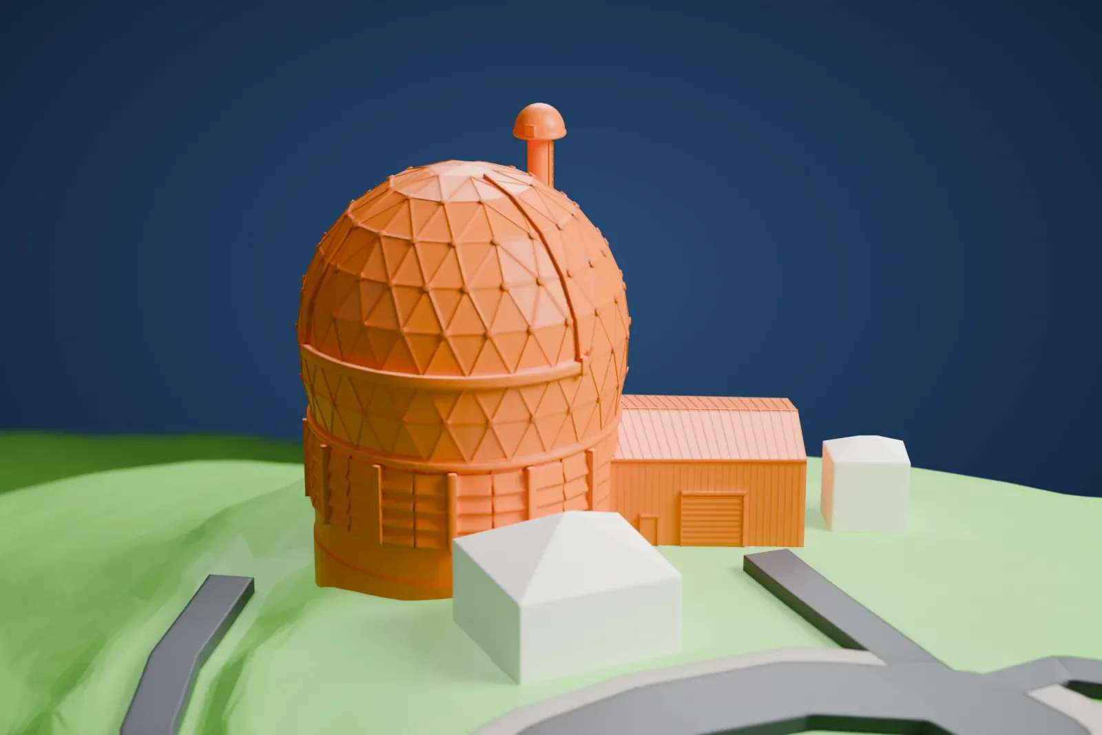 A white 3D print of the Hobby–Eberly Telescope building, a faceted dome with a service wing and a slim tower beside it, on open terrain with a road and a few small buildings.