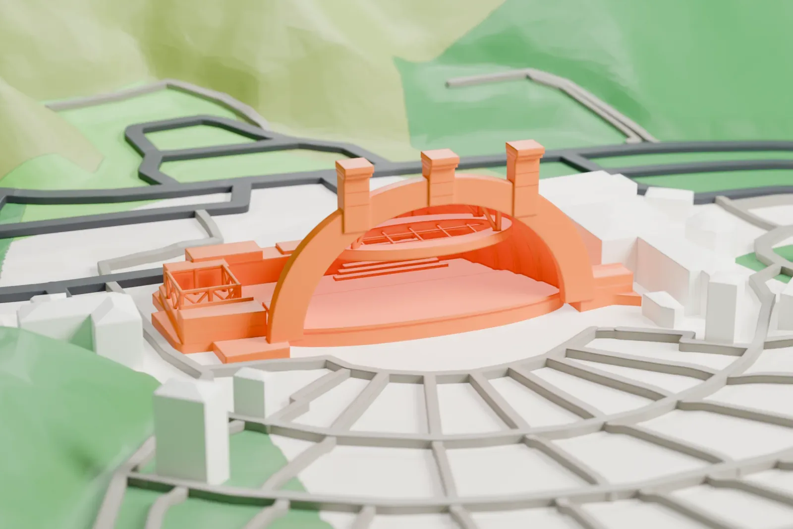 A white 3D print of the Hollywood Bowl, its curved bandshell rising over the seating bowl, among the hills around it.