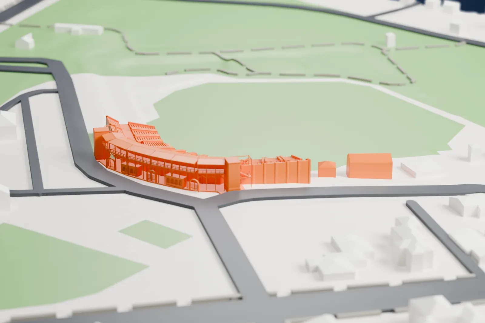 A white 3D print of Holman Stadium, a curved grandstand of narrow bleacher rows with an arched back wall around a green field, with roads and small buildings nearby.