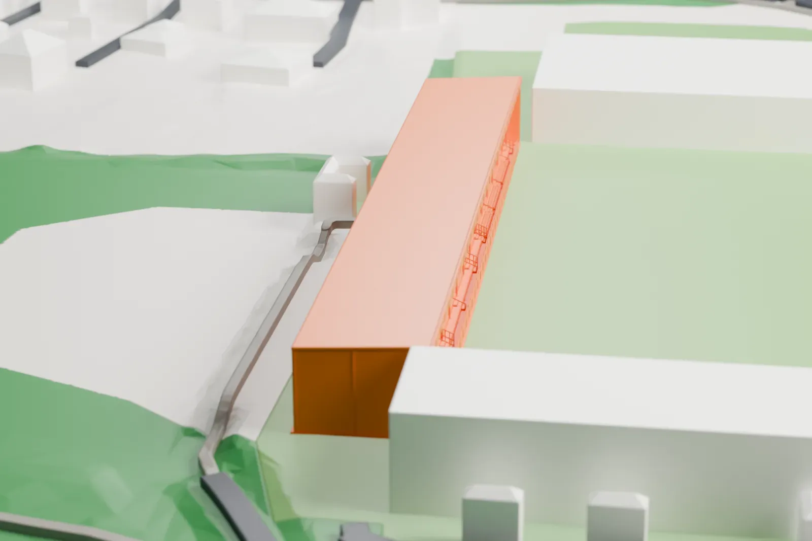 A white 3D print of the Holstein-Stadion, a long covered grandstand with open terraces beside the pitch, among the surrounding streets and buildings.