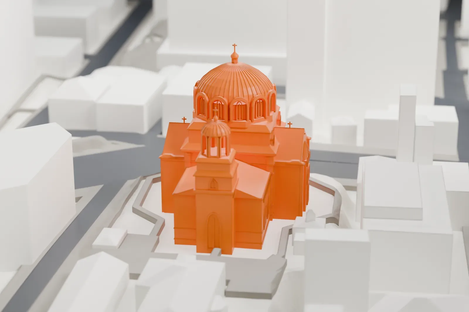 A white 3D print of the Holy Resurrection Cathedral, a domed church with a bell tower, among the tall city buildings around it.