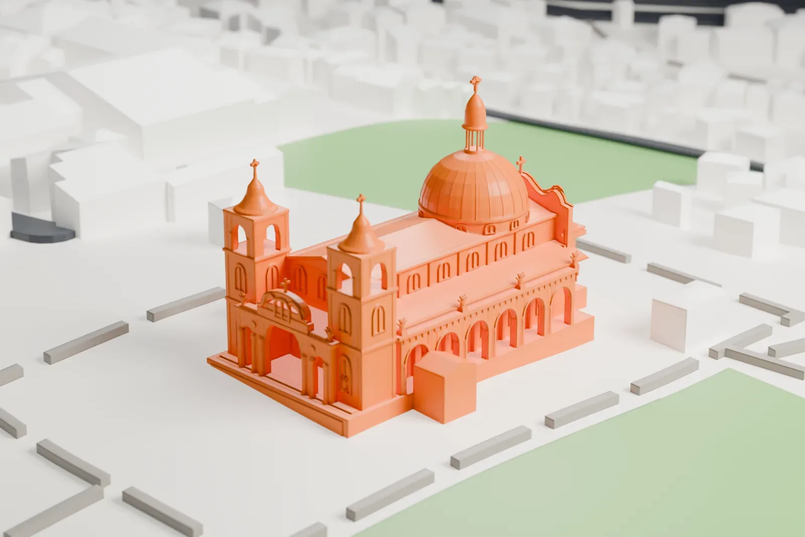 A white 3D print of Holy Trinity Cathedral in Addis Ababa, a domed church with two towers and arcaded sides, standing in open grounds among low buildings.