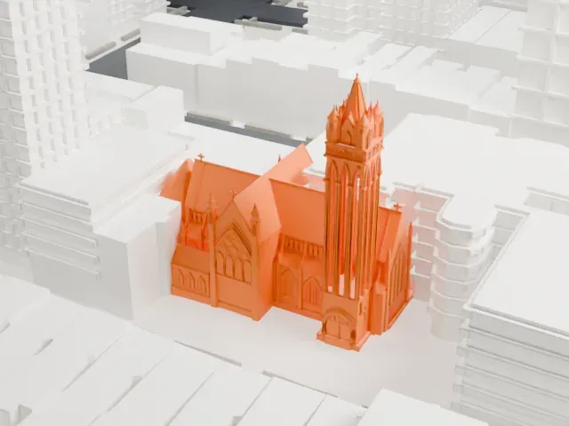 Holy Trinity Church, St. Christopher House and Parsonage model, North view