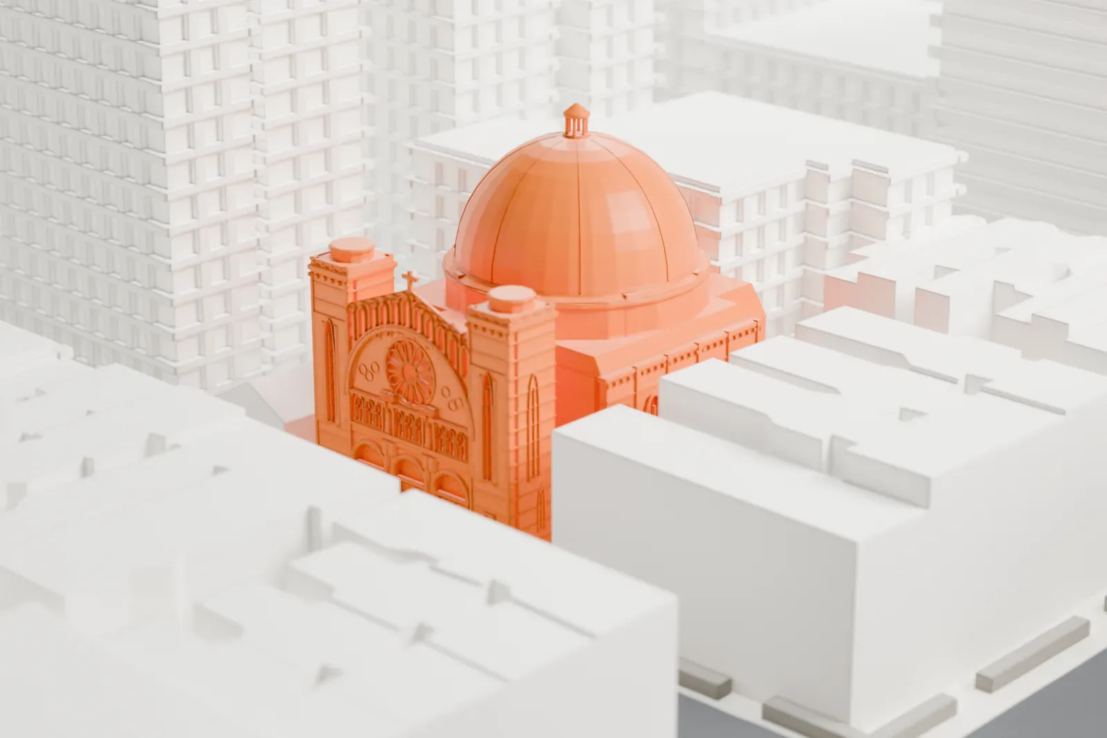 A white 3D print of Holy Trinity Church, a church with a large round dome and a decorated front, squeezed between taller buildings.