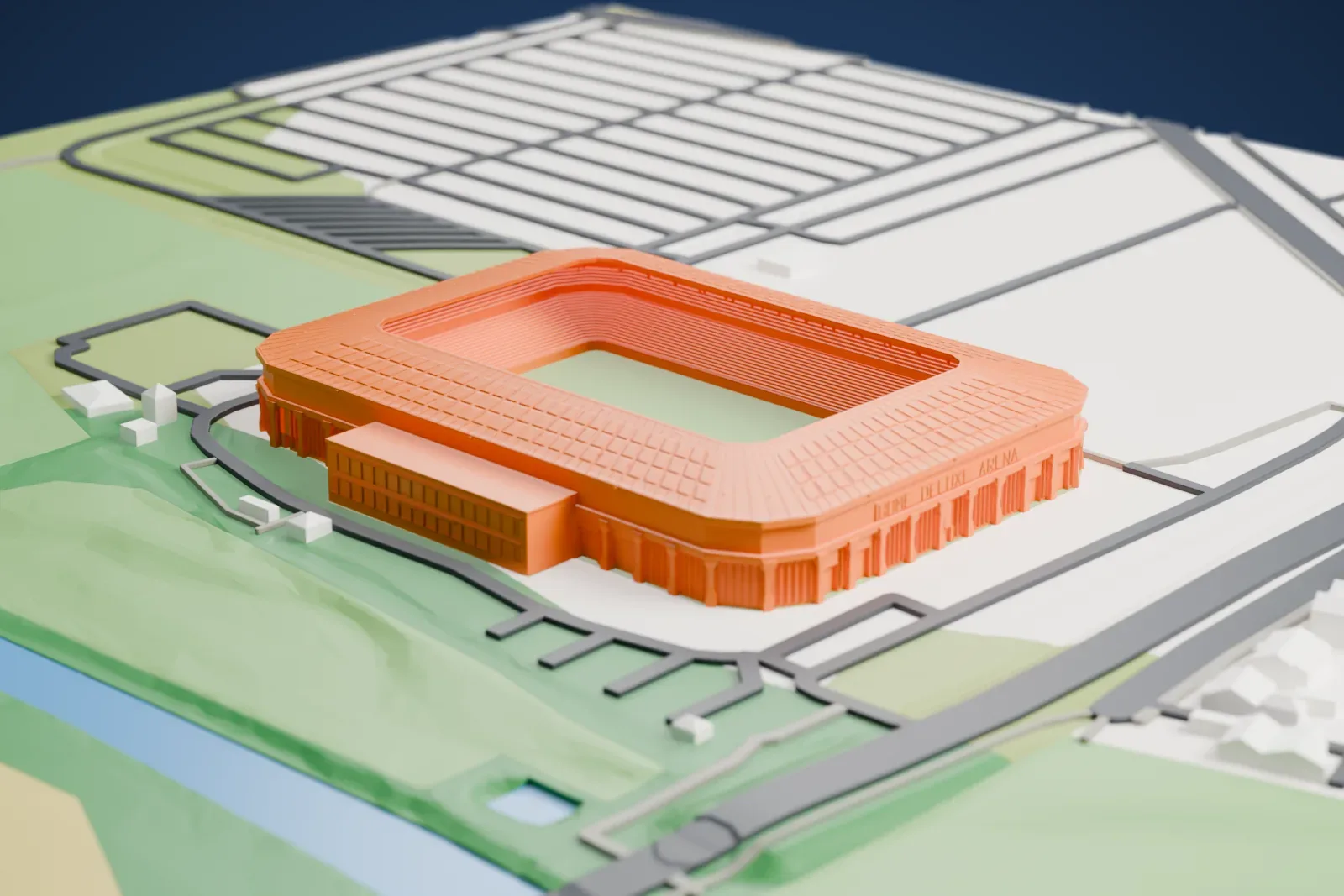 A white 3D print of the Home Deluxe Arena, a rectangular stadium with a ring-shaped roof open over the pitch, surrounded by the streets and buildings of Paderborn.