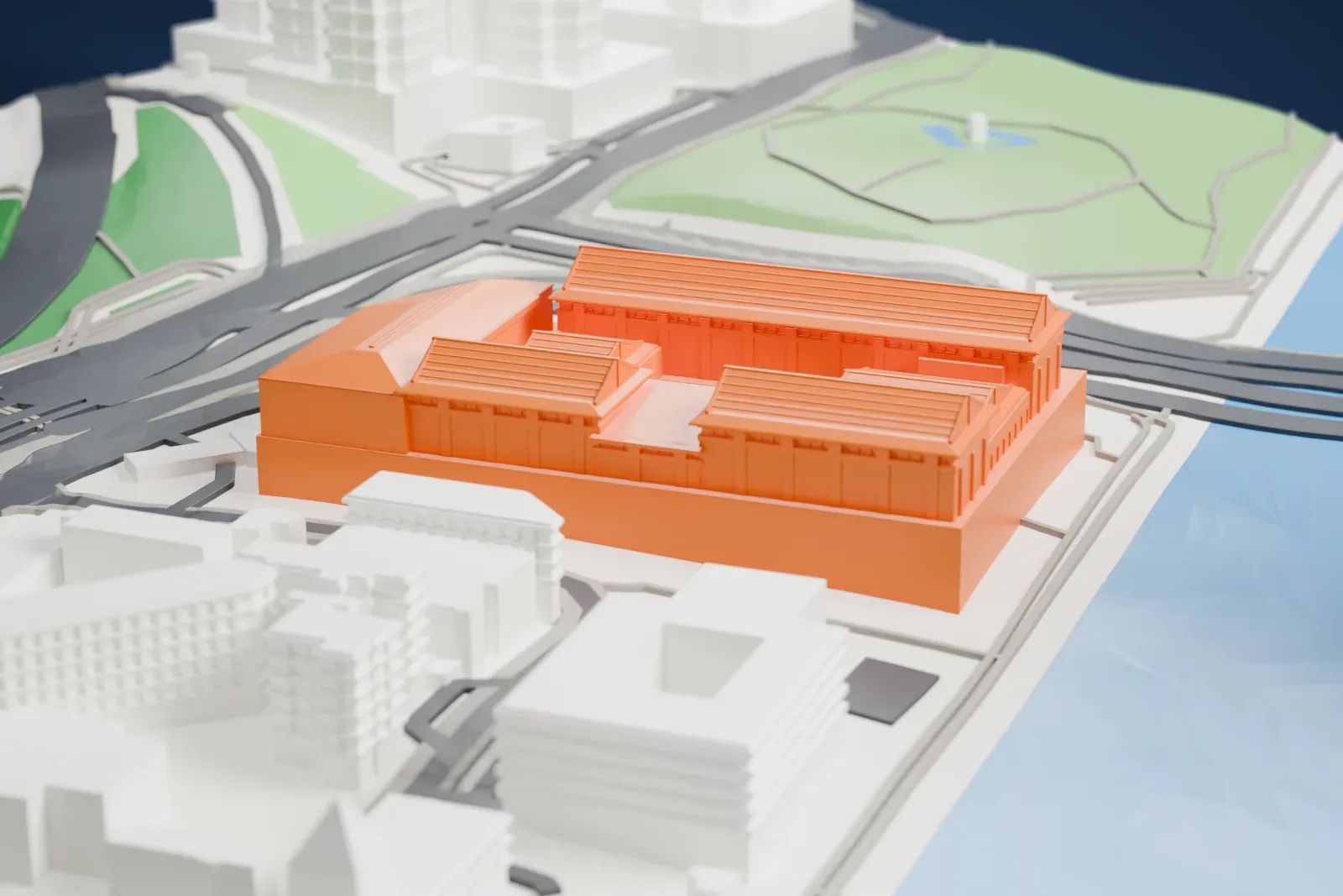 A white 3D print of the Hong Kong Heritage Museum with the surrounding streets and buildings.