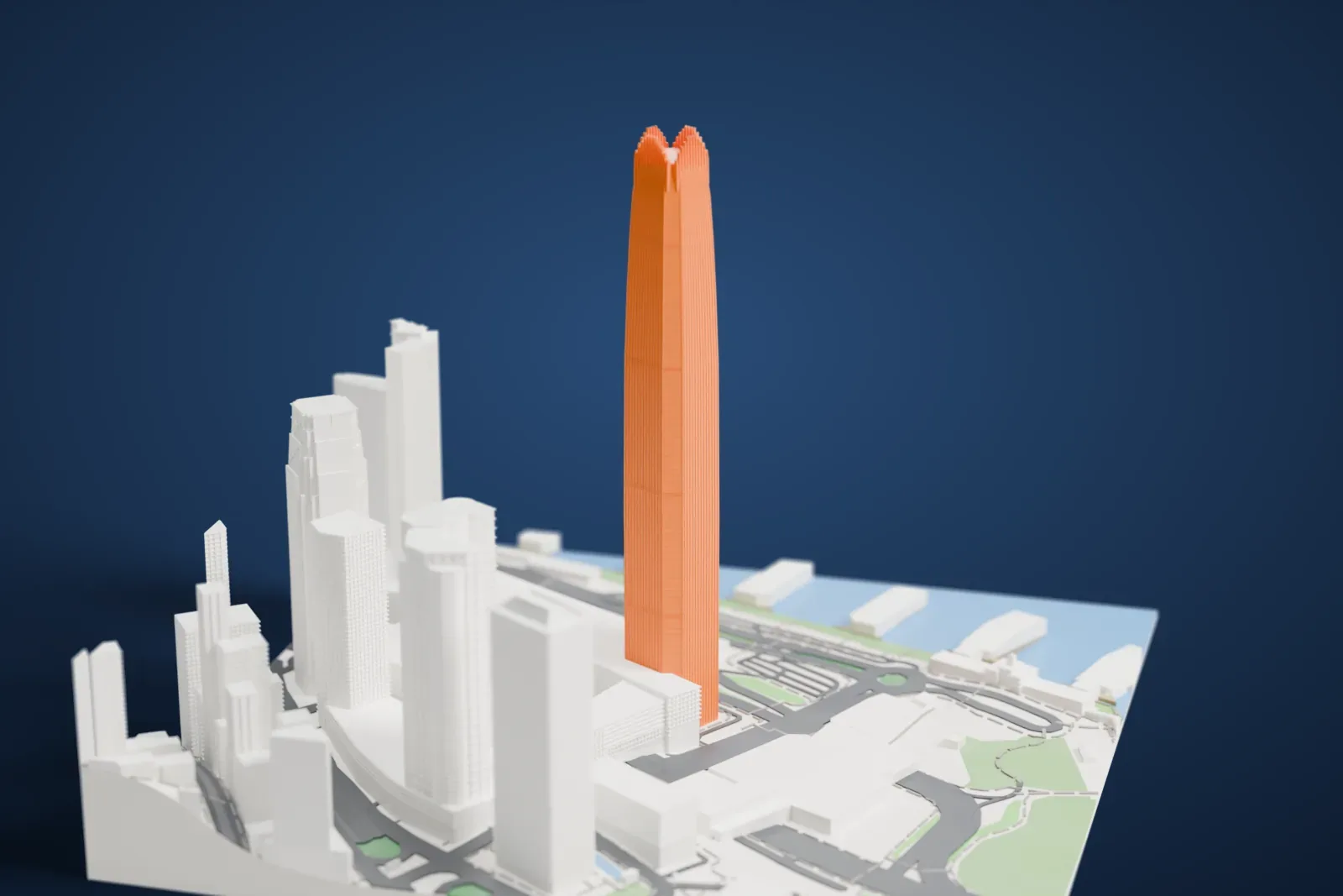 A white 3D print of the Hong Kong IFC tower with a finned crown, surrounding buildings and roads, and water along the edge of the scene.