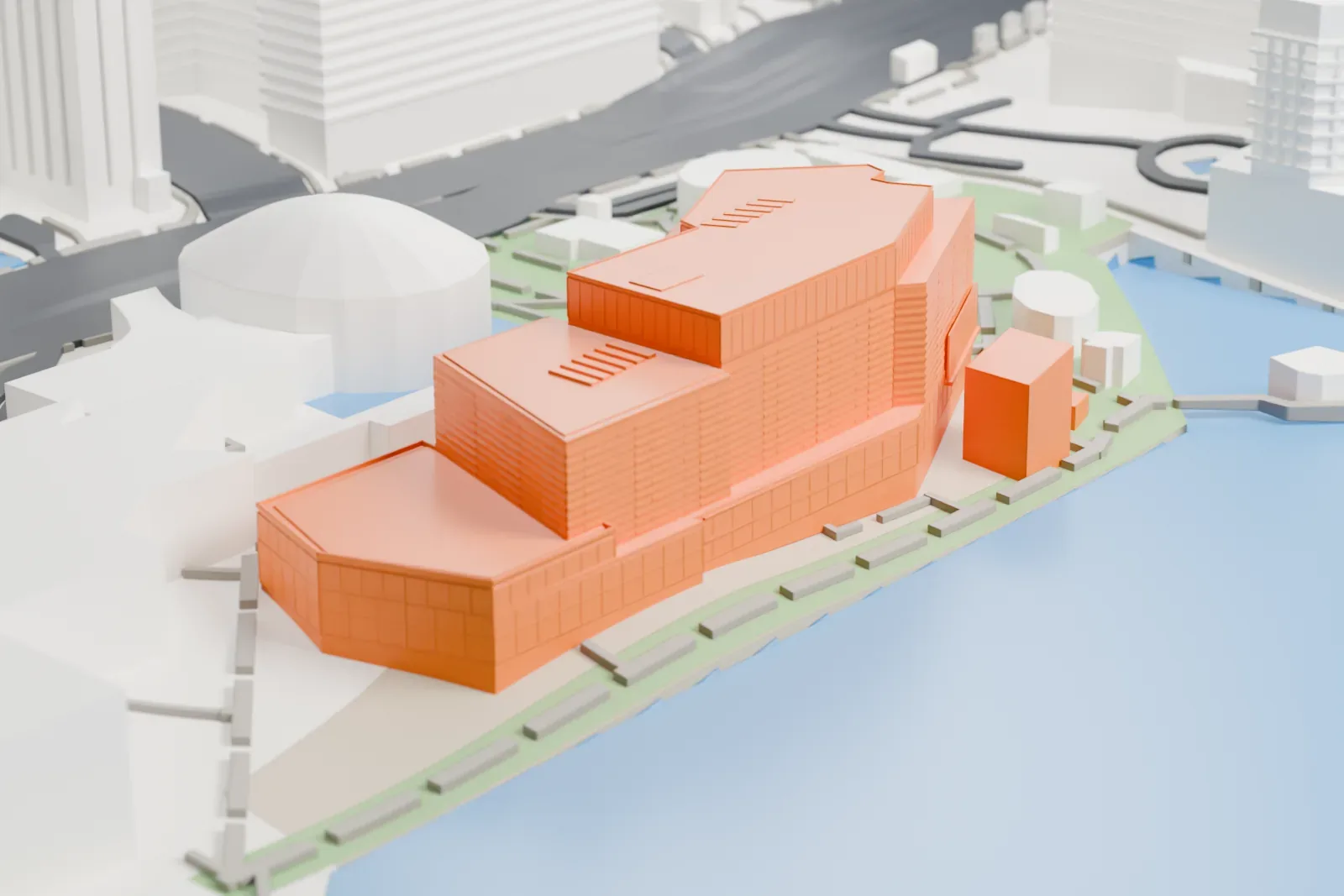 A white 3D print of the Hong Kong Museum of Art, an angular, stepped building with finely ribbed walls on the waterfront, beside a domed building and tall towers.