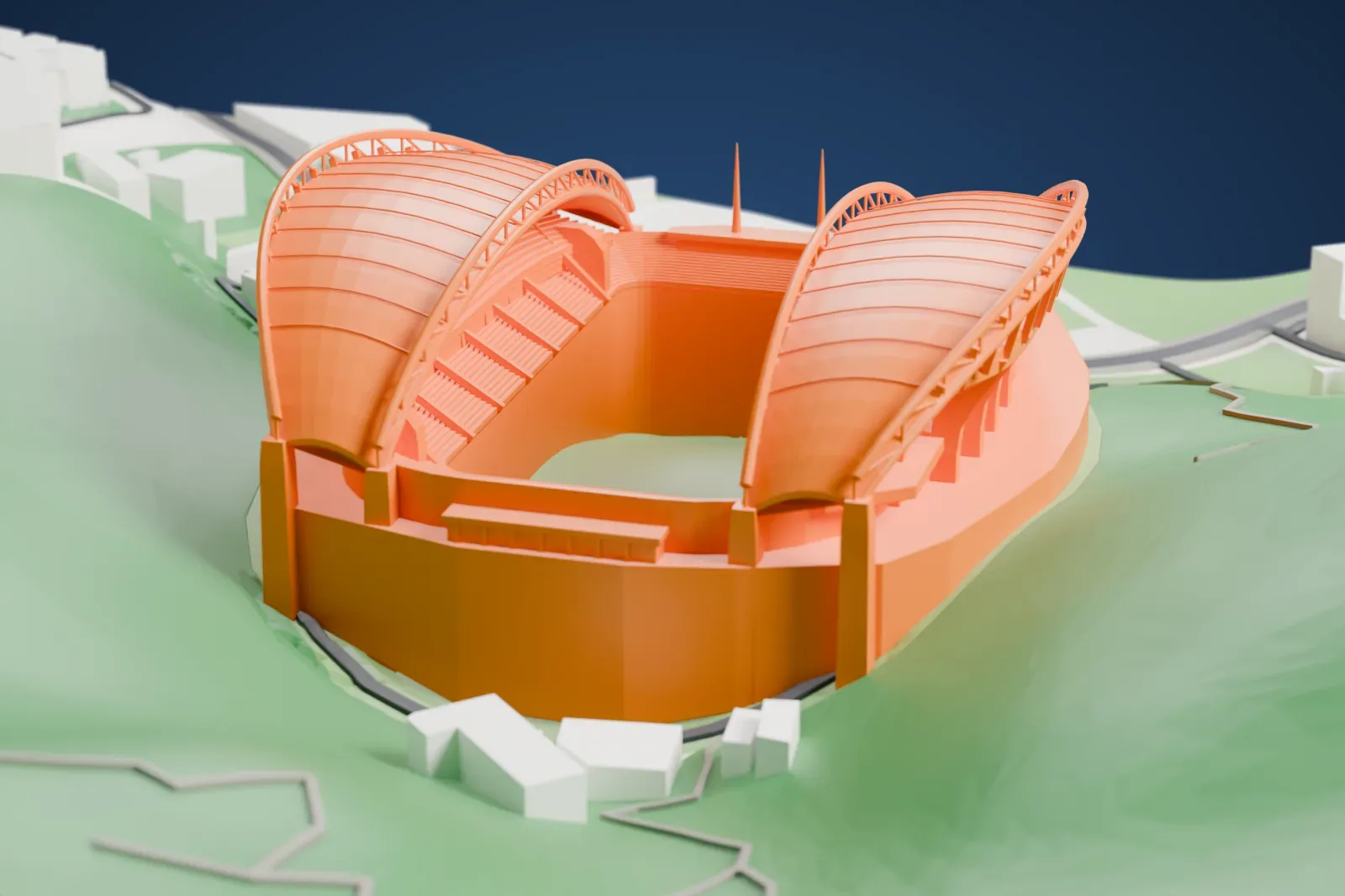 A white 3D print of Hong Kong Stadium among the surrounding streets and buildings of Causeway Bay.