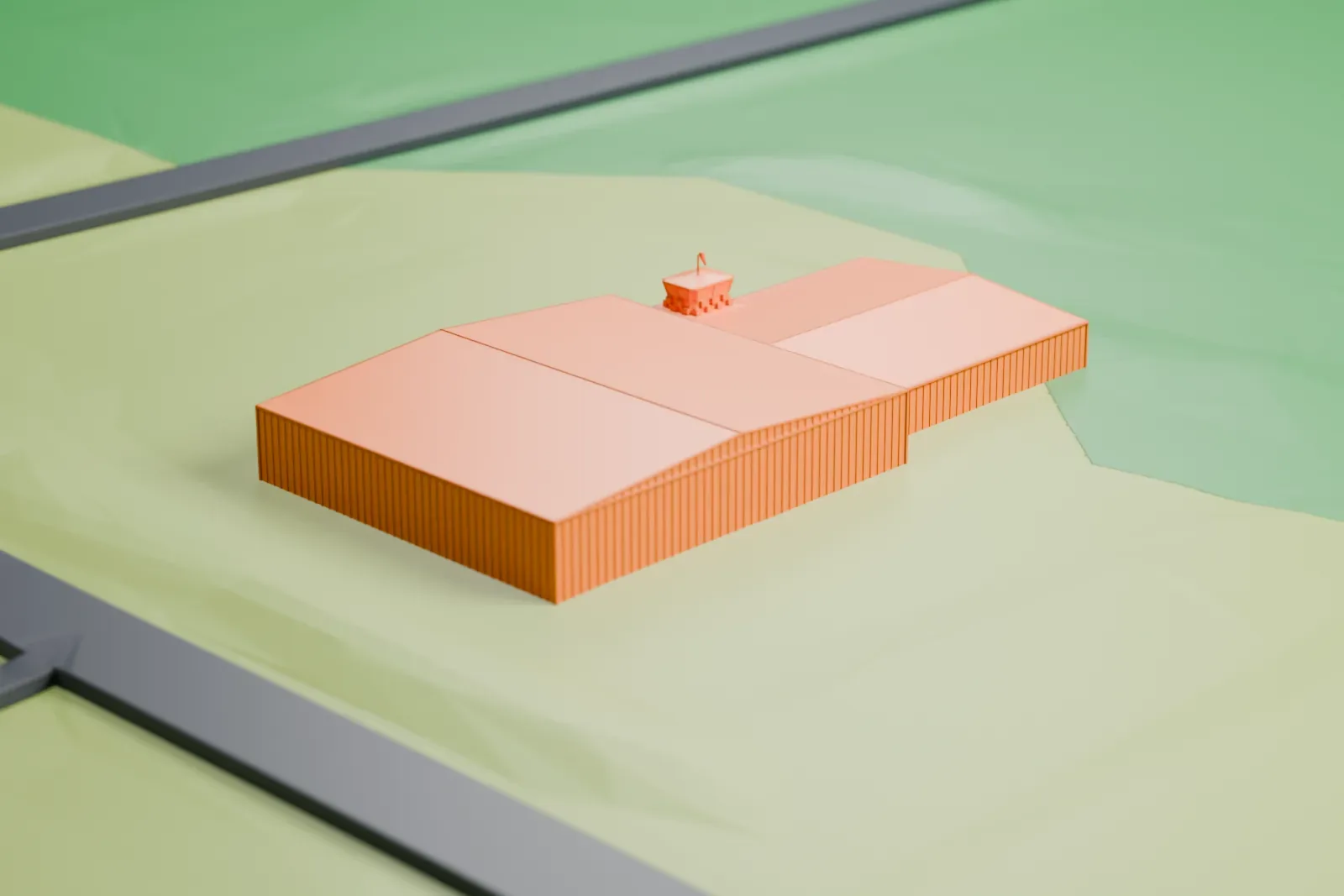 A white 3D print of the Hoosier Air Museum hangar, shown among the surrounding streets and buildings.