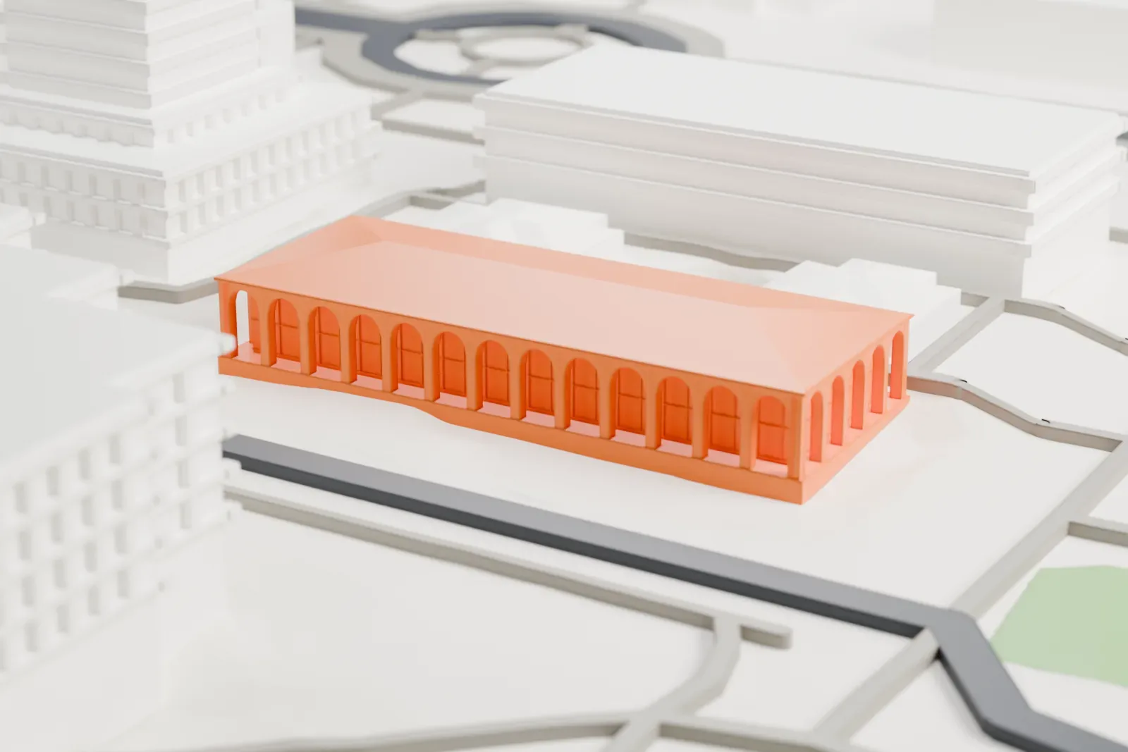 A white 3D print of the Hoover Institution site, its low building among the Stanford University campus around it.