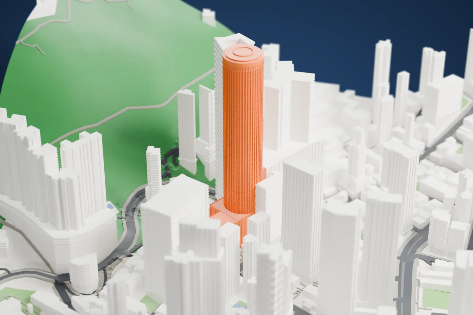 A white 3D print of Hopewell Centre, a tall tower standing among the surrounding streets and buildings.